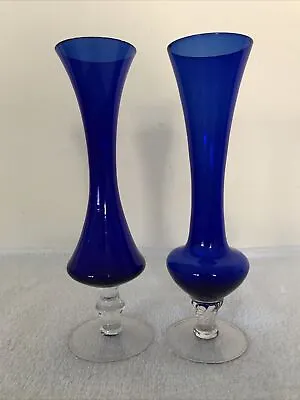 Buy Set Of 2 Vintage Cobalt Blue Glass Vases With Twisted Clear Stem • 15.99£
