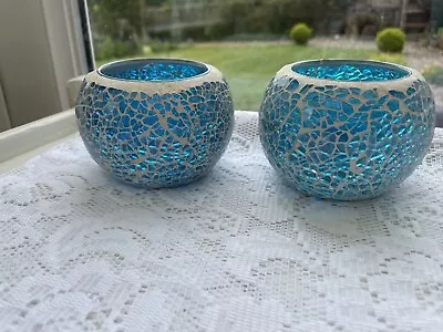 Buy Pair Of Aqua Blue Mosaic Glass Tealight Candle Holders • 2.99£