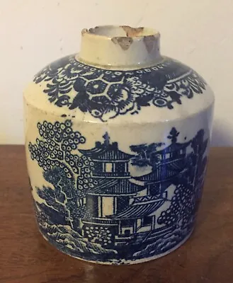 Buy Antique 18th C English Creamware Pearlware Tea Caddy Blue & White Chinese Willow • 156.78£