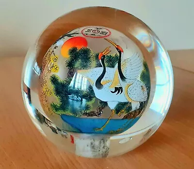 Buy Reverse Painted Chinese Art Glass Ball Desk Paperweight Deer & Cranes Signed • 25£
