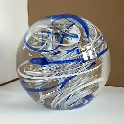 Buy Vintage Langham Glass Blue & White & Air Swirl Paperweight 7.5cm In Height • 9.99£