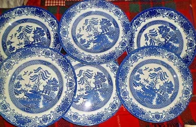 Buy 6 X English Ironstone Tableware Old Willow Blue & White Dinner Plates 25 Cm • 15£