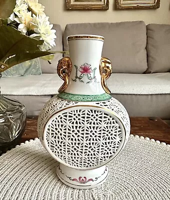 Buy Vintage Chinese Reticulated Moon Flask Vase White Floral Golden Elephant Handles • 30£