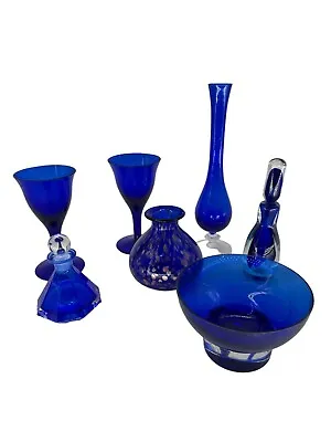 Buy Set Of 7 VTG Blue Cobalt Glass  Glasses Vase Bowl Perfume Bottle. • 70.87£
