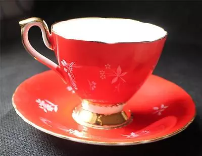 Buy Vintage SUTHERLAND HM Bone China White Flowers Pattern Red Footed Cup & Saucer • 28.94£