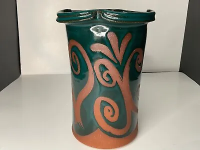 Buy Red Ware Art Pottery Vase.w/blue,green Glaze&swirl Design .signed. • 26.60£