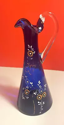 Buy Antique Cobalt Blue Hand Painted Water Jug With Clear Handle And Rough Pontil • 26.99£