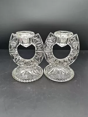 Buy Vintage Glass Candlesticks Pair Of Clear Candle Holders Art Deco 1930s Pressed  • 10£