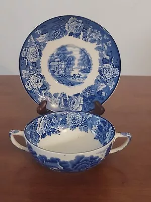 Buy Y WOODS WARE Enoch Blue White ENGLISH SCENERY 2 Handled Bouillon Soup CUP SAUCER • 24.02£