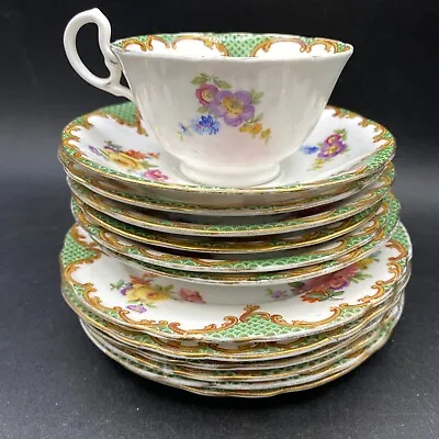 Buy Aynsley China Cup & Saucers X 6 With Side Plates X 6 Gold Rim Gilt Green Floral • 44.38£