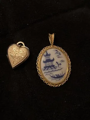 Buy Spode Pendant Signed  Blue And White Pagoda Design, Rolled Gold Etched Locket • 18£