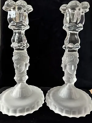 Buy PAIR GLASS FROSTED ANTIQUE CANDLESTICKS ROMAN GRECIAN LADY FIGURE HEAD  23cm • 59£