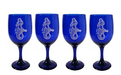 Buy Mermaid Cobalt Blue Wine Glass Set Of 4 Etched  - Free Personalization • 87.03£