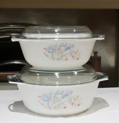 Buy 2 X  Vintage Pyrex Glass BLUE IRIS Casserole Dishes With Lids 2 SIZES • 24.99£