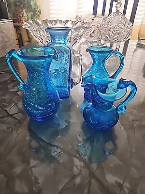 Buy Vintage Cobalt Blue Crackle Glass Small Pitcher Mini Vase Set Of 4 • 48.15£
