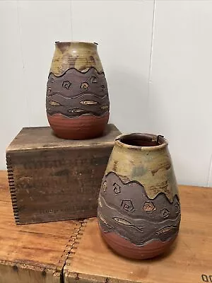 Buy Pair Of Red River Vase Luminaries With Fish Motif ~ Wood Fired Art Pottery • 57.53£