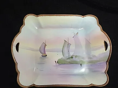Buy Nippon Hand Painted Porcelain Handle Oblong Plate Japan River Sail Boats Barges • 20£