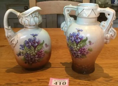 Buy Decorative Antique Pair Of Austria Handled Vases ~ Violets • 36£