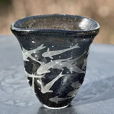 Buy Vintage Black Amethyst Art Glass W/ Etched Fish On Reptilian Textured Glass • 85£