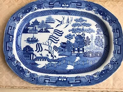 Buy Large Antique Meat Platter Pearlware Pottery Plate Willow Blue White Chinoiserie • 19.99£