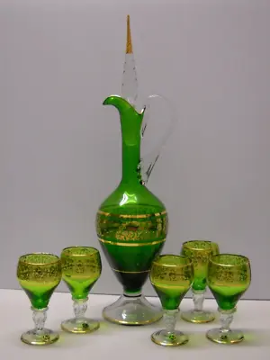 Buy Green Glass Italy Decanter Tall Stopper And 5 Stemmed Sherry Glasses Set Of 6 • 118.08£