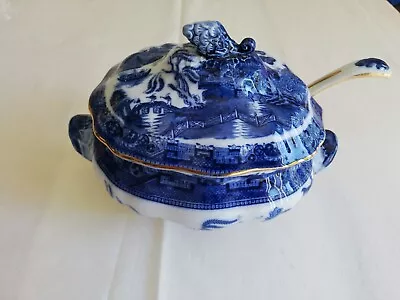 Buy A 19c Booths Silicon China Davenport Willow Pattern Sauce Tureen & Ladle Blue & • 19.99£