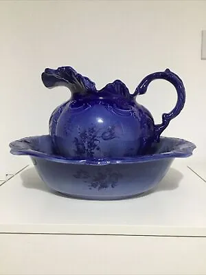 Buy Vintage Staffordshire England Ceramic Blue 10” Pitcher Jug & Wash Bowl - Floral • 54.99£