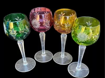 Buy CZECH Bohemian Cut To Clear Green Red Gold Colorful Etched Wine Glasses Set Of 4 • 137.50£