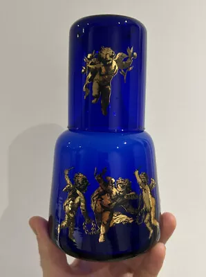 Buy Vintage Retro Cobalt Blue Bedside Carafe Glass With Gold Cherub Print  • 25£