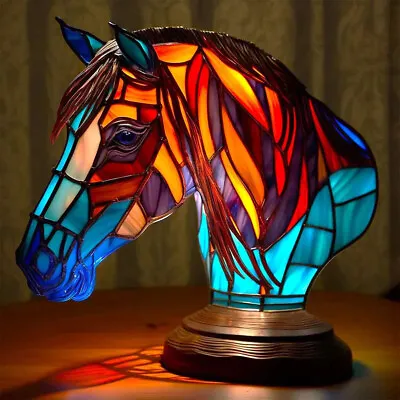 Buy Retro Table Light Resin Stained Glass Bedside Light Home Ornament (Horse) • 14.39£