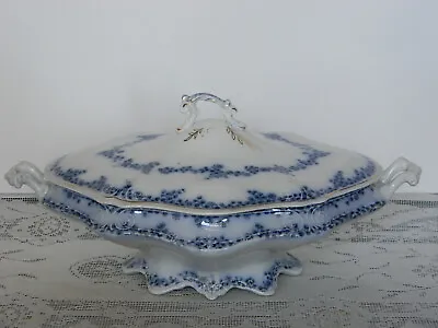 Buy Antique 1890 William Grindley Co Flow Blue  Aldine  Pattern Oval Covered Tureen • 386.04£