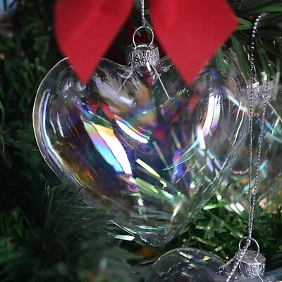 Buy 12x Clear Iridescent Glass Heart Christmas Fillable Baubles Wedding Tree Hanging • 14.95£