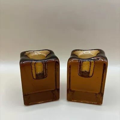 Buy Mid Century Ice Cube Candle Holders~Amber Colored~Set Of 2 • 27.51£