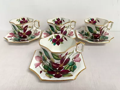 Buy [B] 4 Antique Wileman Pre Foley Shelley Clematis Queen Anne Square Cup & Saucer • 144.95£