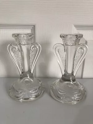 Buy Vintage Bagley Clear Glass Candlesticks Set Of 2 - Height 14cm • 14.99£