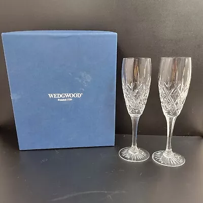 Buy Set Of 2 Wedgwood Full Lead Crystal Champagne Glass Flutes Stems Marked In Box • 94.86£