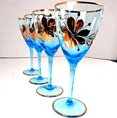 Buy Vtg Bohemian MCM Electric Aqua Blue Bar Glasses Mid-Century Gold Floral 4pc • 56.92£