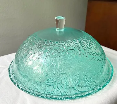 Buy Glass Dome Serving Plate W/ Lid Covered Embossed Aqua Turquoise Green 13 W • 38.36£
