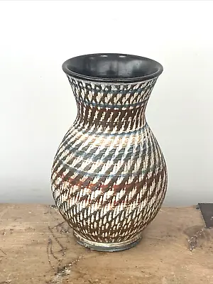 Buy Vintage Dee Cee Germany Stoneware Blue Brown Geometric Art Pottery Vase 15 Cm • 7.50£