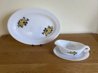 Buy VINTAGE PYREX PHOENIX Yellow Rose Large Oval Serving Plate & Gravy Boat • 13.50£