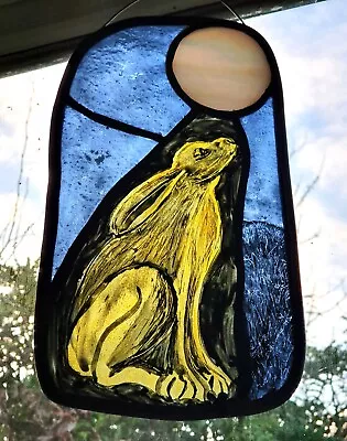 Buy Moon Gazing Hare  Handpainted Stained Glass Panel Window Hanging Suncatcher • 65£