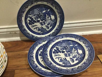 Buy Set 3 Queens By Churchill Blue Willow 10.25  Dinner Plate Made In England MINT • 31.11£