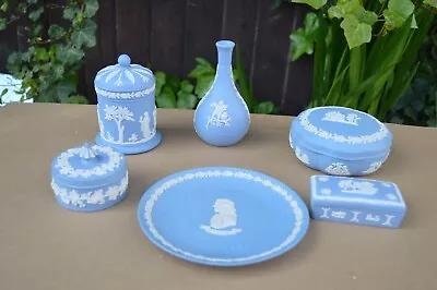 Buy Vintage Wedgewood Jasperware  Blue Trinket Pots Vase Plate Dressing Table Set • 18.99£