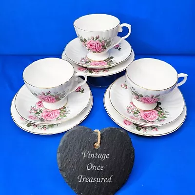 Buy Royal Grafton PINK ROSES * 3 X TEA TRIOS * Cups, Saucers, Plates * Vintage 1950s • 14.95£