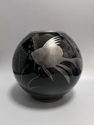 Buy RARE French Art Deco Black Glass Silver Overlay FISH Vase By HEM Michel Hermann • 225£
