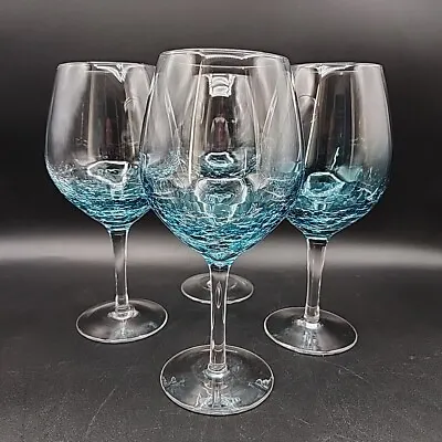 Buy Pier 1 Imports Blue Teal Crackle Glass Wine Glasses Goblets Set Of 4 • 66.34£