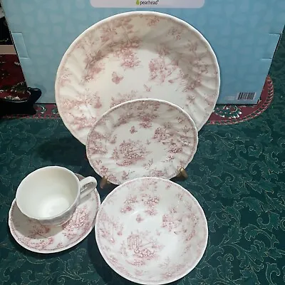 Buy Queens Chelsea Toile Pink White Dinner Plates Swirl Edge Dinner Setting 5pc • 33.56£