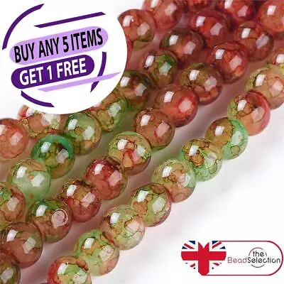 Buy 100 CRACKLE MARBLED DRAWBENCH ROUND GLASS BEADS 8mm RED GREEN XMAS CM2 • 3.19£