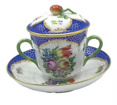 Buy Herend 1715 FLORAL PRINTEMPS Blue Fish Scale Border LIDDED SOUP CUP & SAUCER #6 • 181.37£