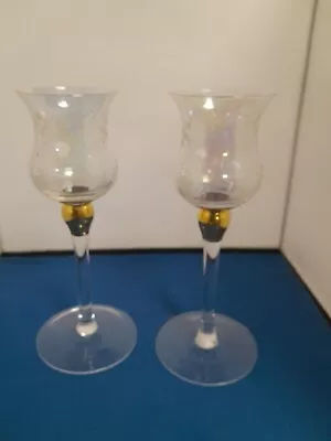 Buy Pair Of 2 Glass Wine Glasses /Candle Holder With Gold Stem 23 Cm Tall • 22£